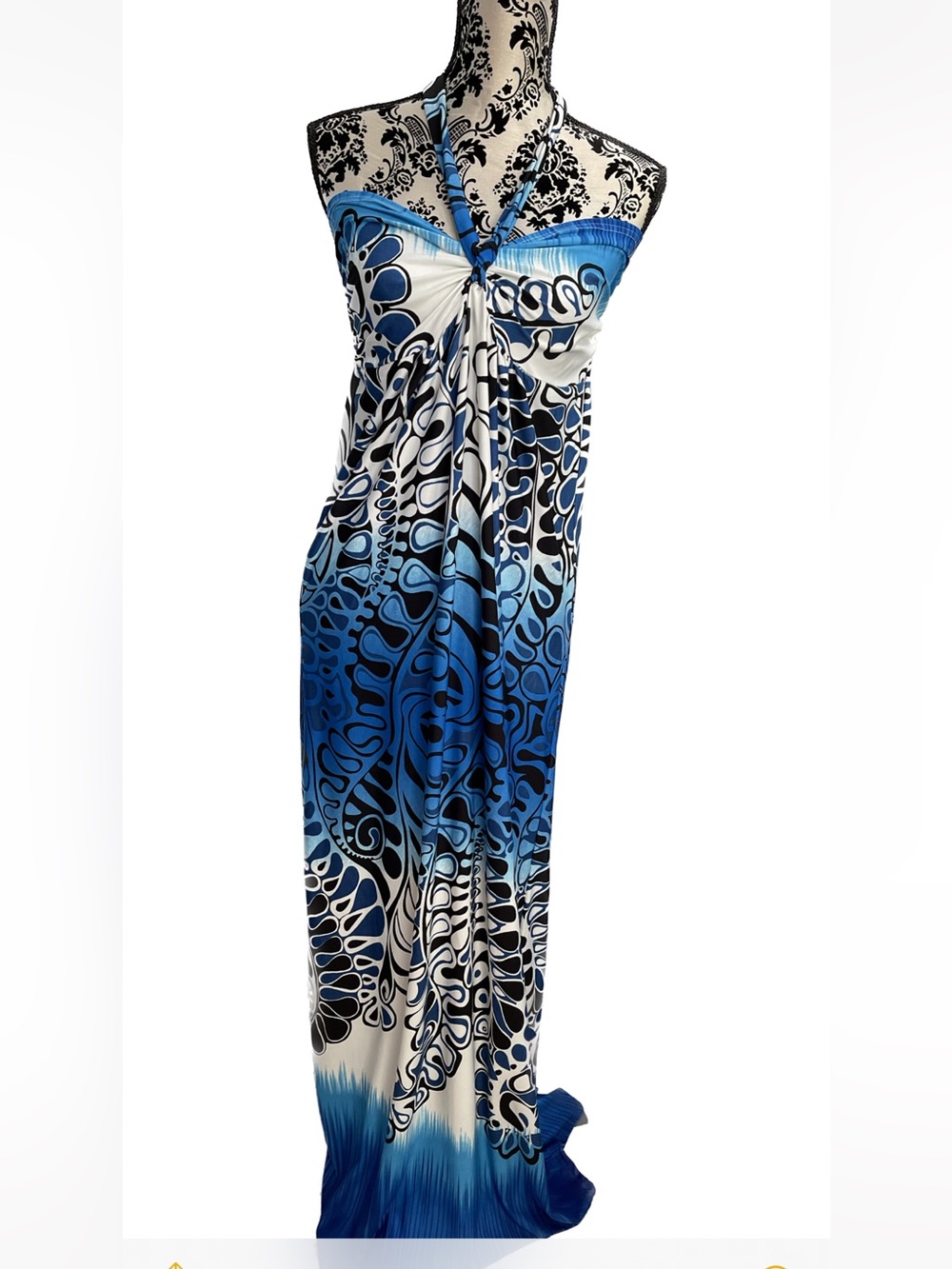 Women's Blue White Black Abstract Print Halter Maxi Dress Size 2 XL
